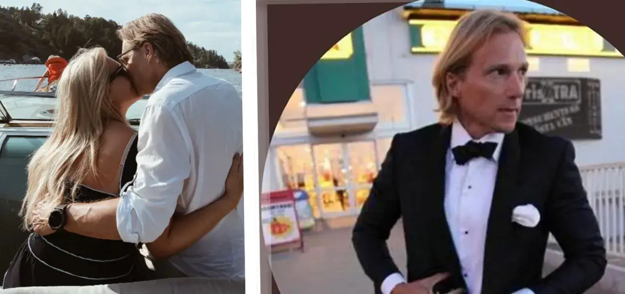 Paul Sundvik i en elegant smoking framf&ouml;r en butik, och en romantisk kyss p&aring; en b&aring;t i bakgrunden.