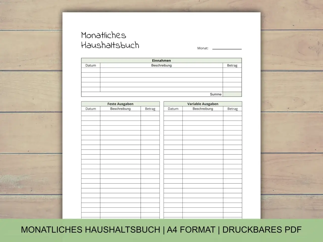 Monatliches Haushaltsbuch: Eine Vorlage zur Erfassung von Einnahmen und Ausgaben. Hilft bei der Finanzplanung.