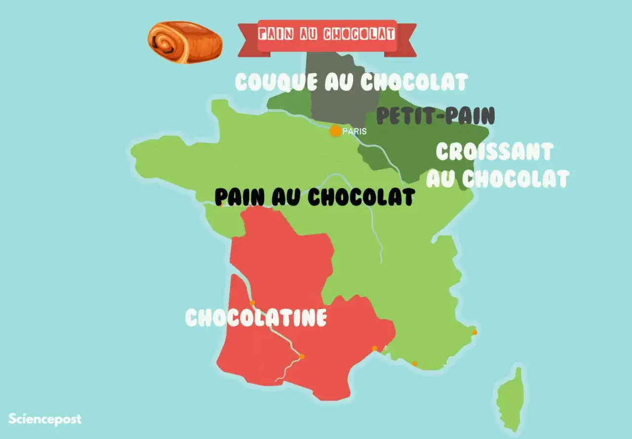 Carte de France montrant les noms régionaux pour le pain au chocolat :