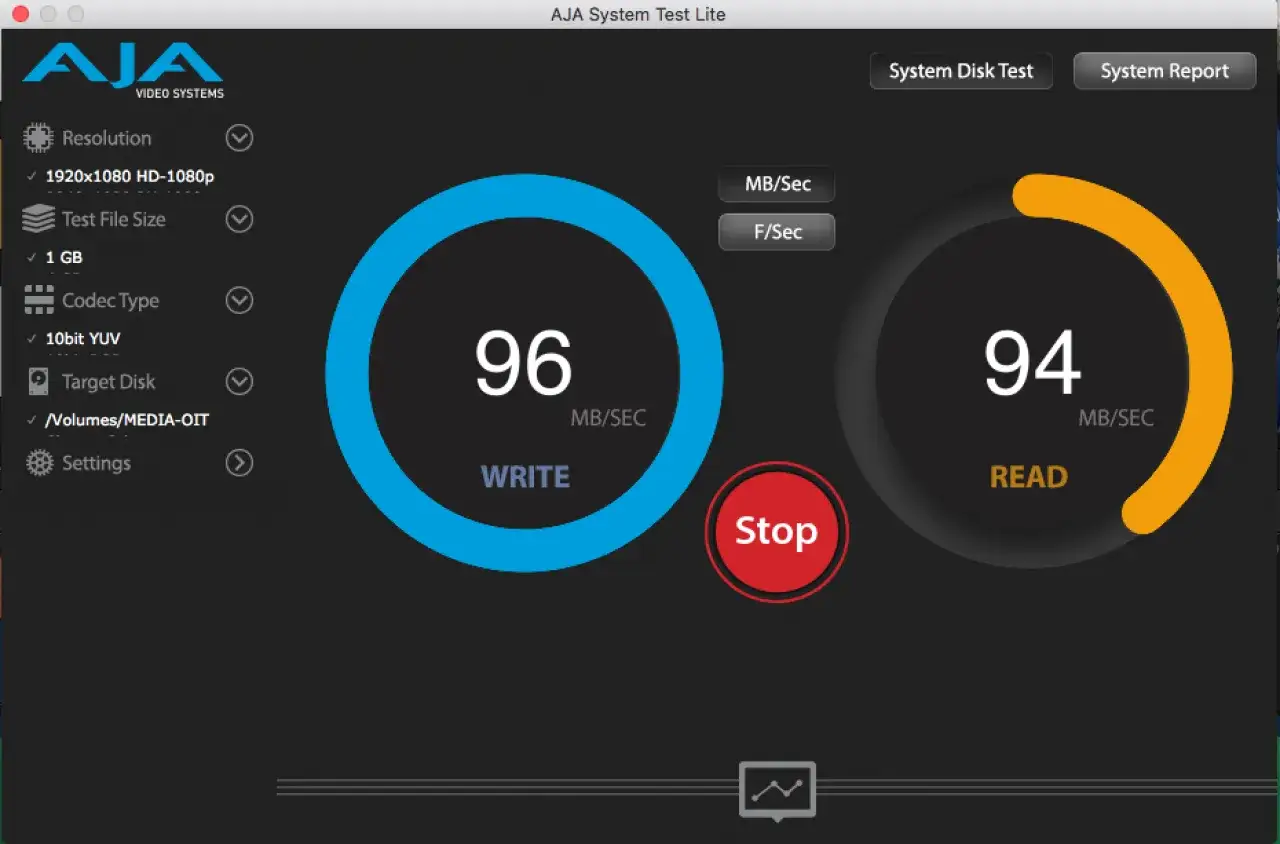 Test wydajności komputera: zapis 96 MB/s, odczyt 94 MB/s. Rozdzielczość 1920x1080, 1 GB, kodek 10bit YUV.
