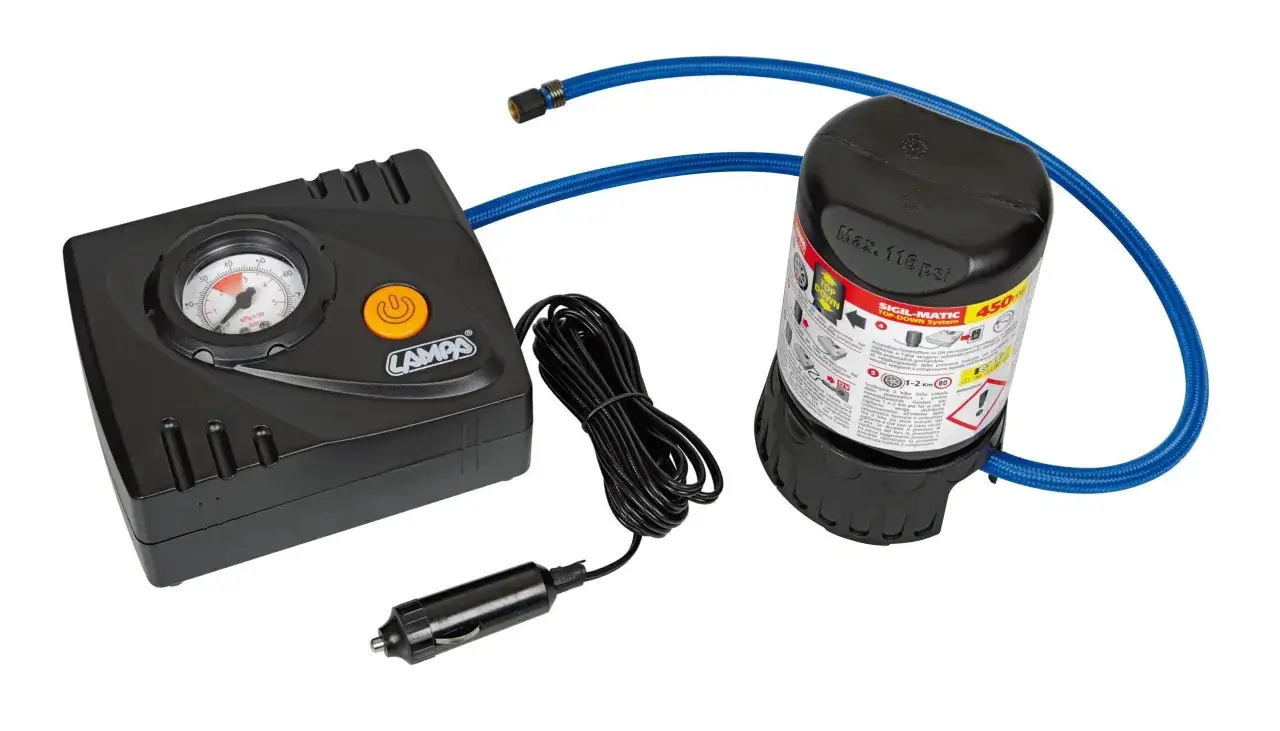 Kit per gonfiare e ripara rovina la gomma: compressore 12V, tubo, sigillante e manometro.