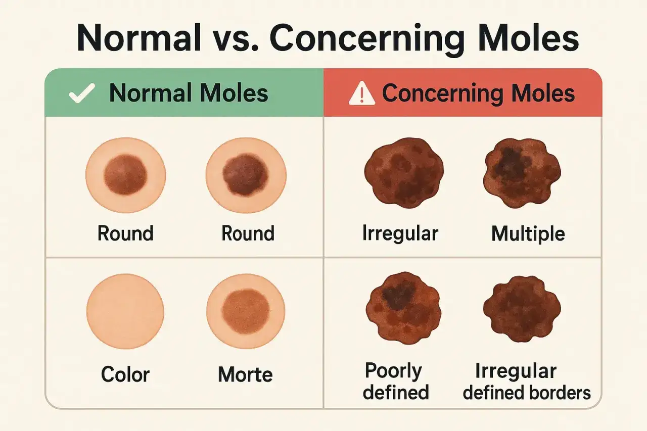 Vergleich von normalen und besorgniserregenden Muttermalen. Normale sind rund und einheitlich. Besorgniserregende Muttermale k&ouml;nnen unregelm&auml;&szlig;ige Formen, mehrere Farben oder unscharfe R&auml;nder haben, wie diese dunklen, schwarzen Muttermale.