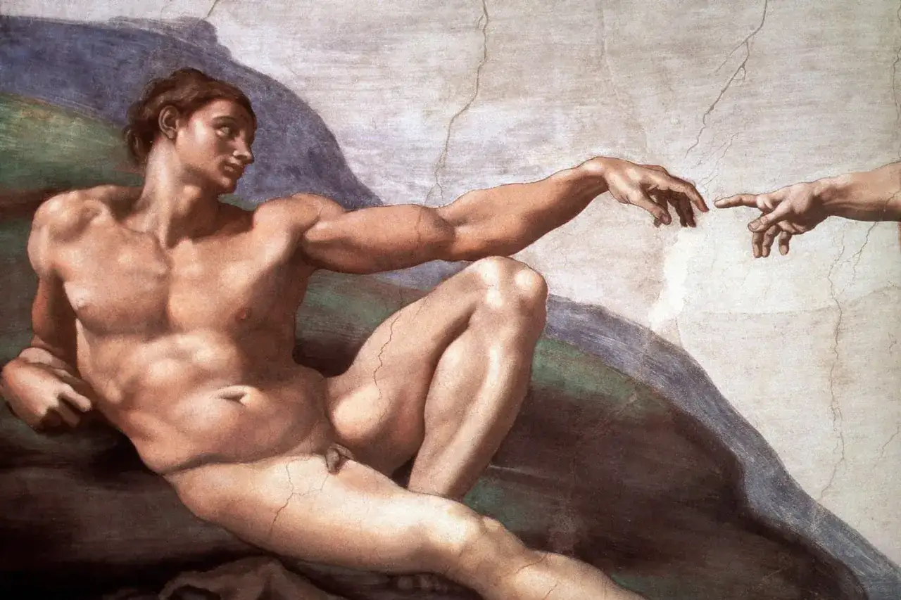 La Cr&eacute;ation d'Adam par Michel-Ange, un chef-d'&oelig;uvre du nu dans l'art, o&ugrave; les doigts divins et humains s'effleurent.