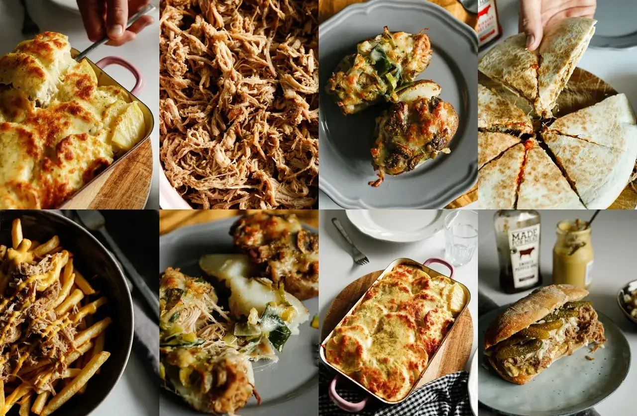 Rwana wieprzowina z piekarnika krok po kroku przepis bez szarpaka: zapiekanka, frytki, quesadilla, kanapka i ziemniaki.