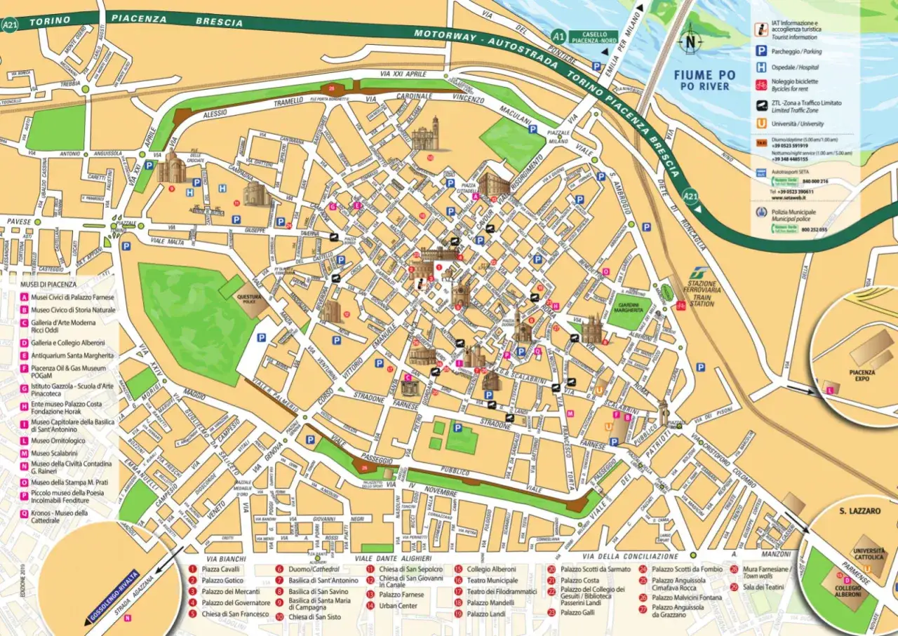Mappa di Piacenza: cosa vedere a piacenza in un giorno. Indica musei, chiese, palazzi e punti di interesse nel centro storico e dintorni.