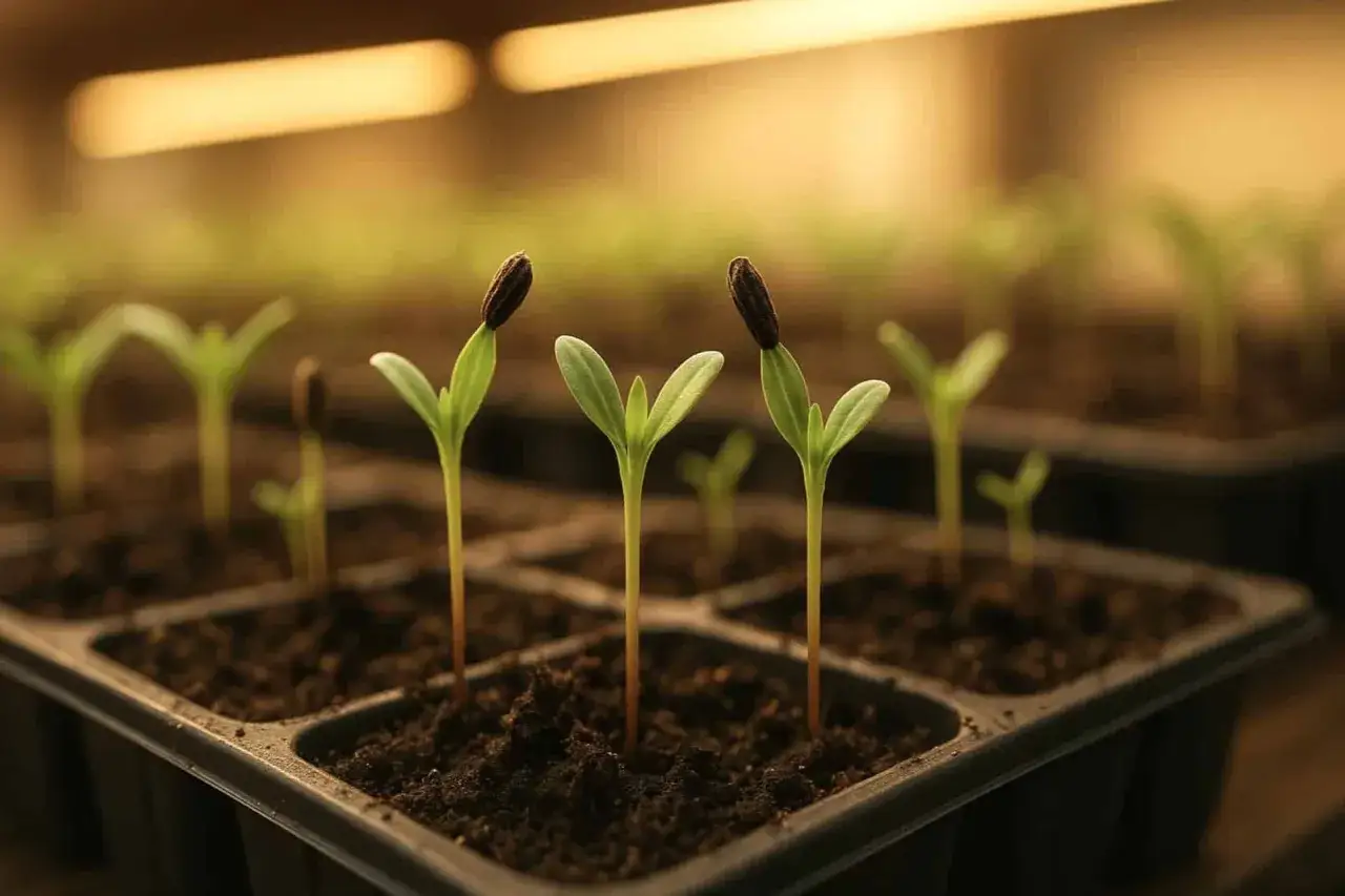 Små plantor med fröskal kvar på bladen växer i krukor under växtbelysning. Kanske är det solrosor eller så tagetes som snart ska planteras ut.