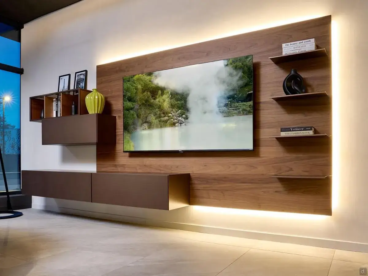 Elegante parete attrezzata con boiserie in legno, TV a schermo piatto, mensole e pensili marroni, illuminazione a LED soffusa.