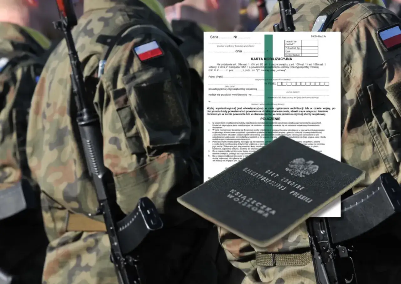 Żołnierze w mundurach z polskimi flagami, karta mobilizacyjna i książeczka wojskowa. W razie wojny kto idzie do wojska?