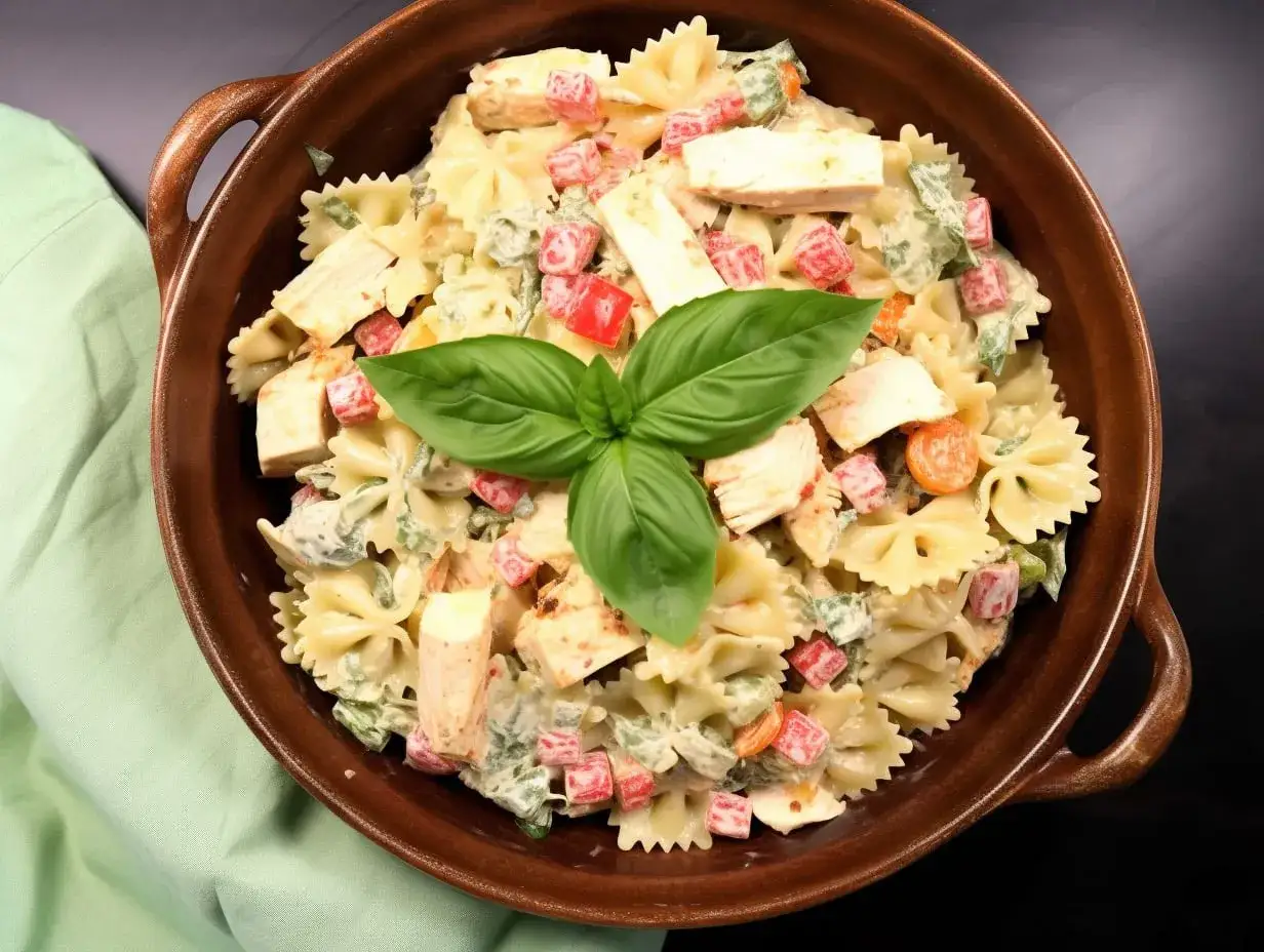 En h&auml;rlig pastasallad med kyckling, farfallepasta, paprika och en kr&auml;mig dressing. Toppad med f&auml;rsk basilika.