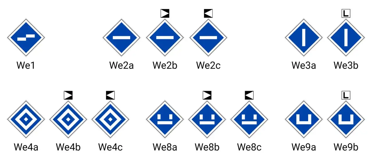 Kolejne znaki kolejowe: We1, We2a-c, We3a-b, We4a-c, We8a-c, We9a-b.