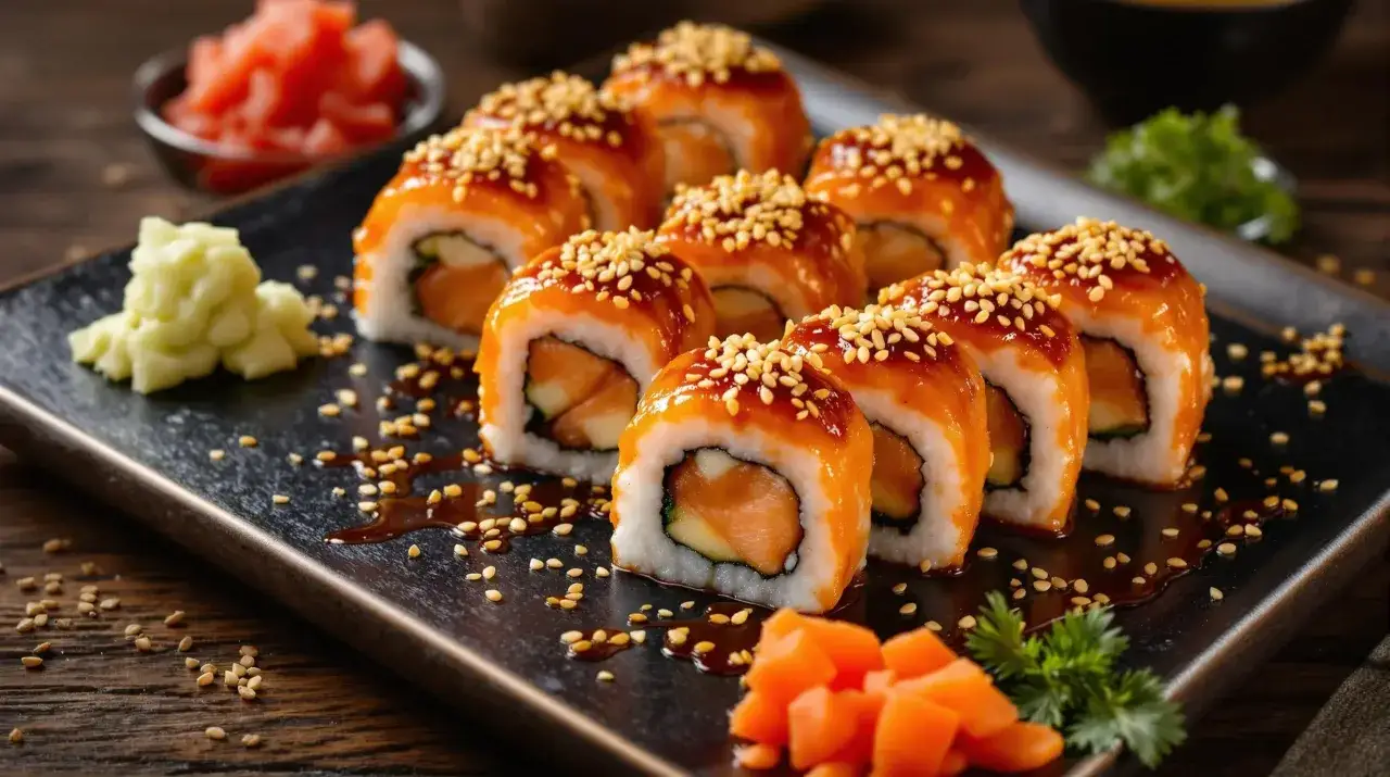 Roladki sushi z łososiem, og&oacute;rkiem i sezamem, polane sosem. Idealne, gdy zastanawiasz się, jak upiec łososia do sushi.