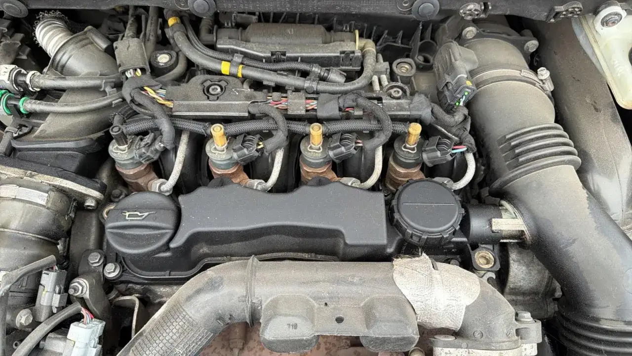 Silnik Peugeot 207 1.6 HDI z widocznymi wtryskiwaczami i elementami układu dolotowego.