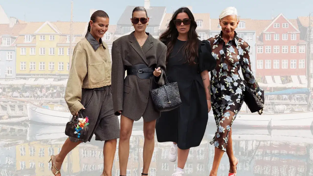 Cuatro mujeres exhiben moda urbana con un toque de **stockholm style**, luciendo trajes modernos y accesorios chic frente a un pintoresco canal.
