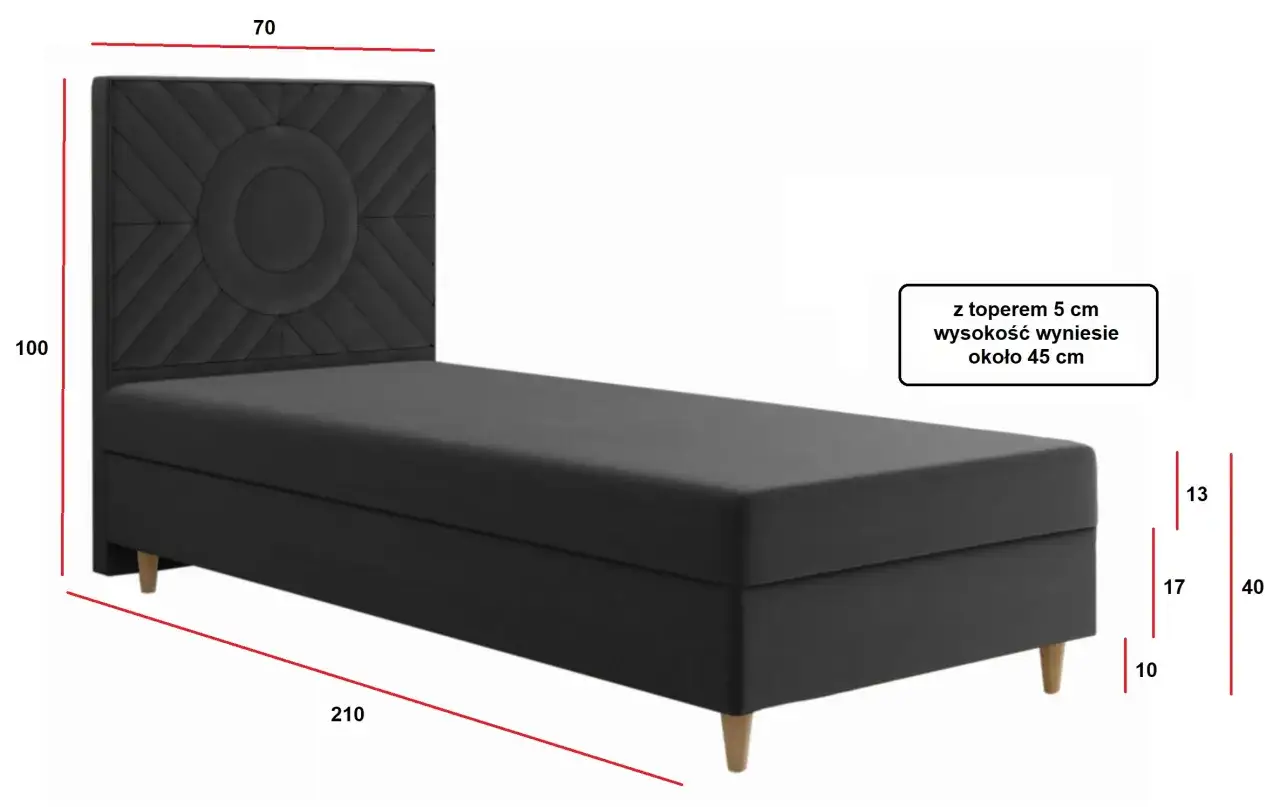 Czarne ł&oacute;żko z ozdobnym zagł&oacute;wkiem. Długość ł&oacute;żka to 210 cm, szerokość 70 cm, a wysokość z materacem ok. 45 cm.