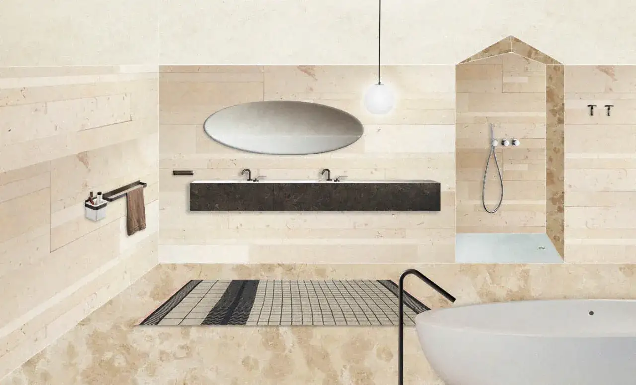Salle de bain moderne avec douche italienne et baignoire côte à côte, double vasque, miroir ovale et porte-serviettes.