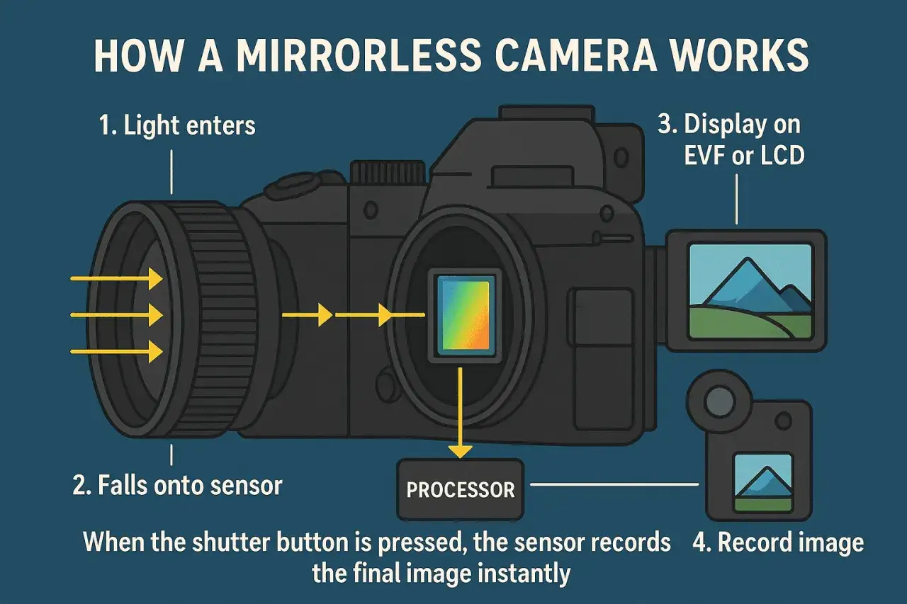 Schema di una fotocamera mirrorless: la luce entra, colpisce il sensore CMOS, viene processata e l'immagine viene registrata.