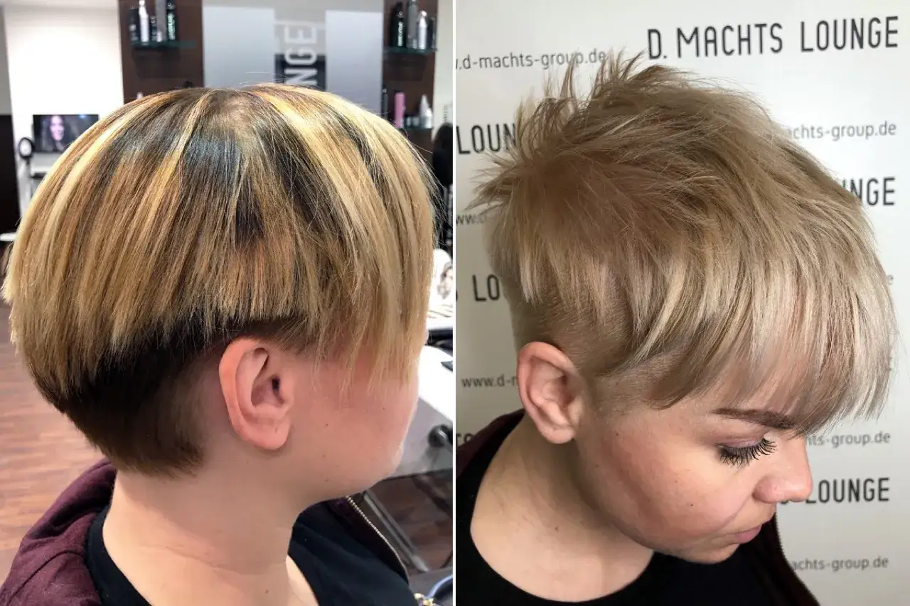 Zwei freche blonde kurzhaarfrisuren: ein Bob mit undercut und ein zerzauster Pixie-Schnitt.