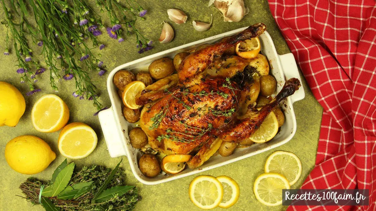 Un d&eacute;licieux poulet au four, dor&eacute; et savoureux, entour&eacute; de pommes de terre r&ocirc;ties, de citrons et d'herbes fra&icirc;ches.