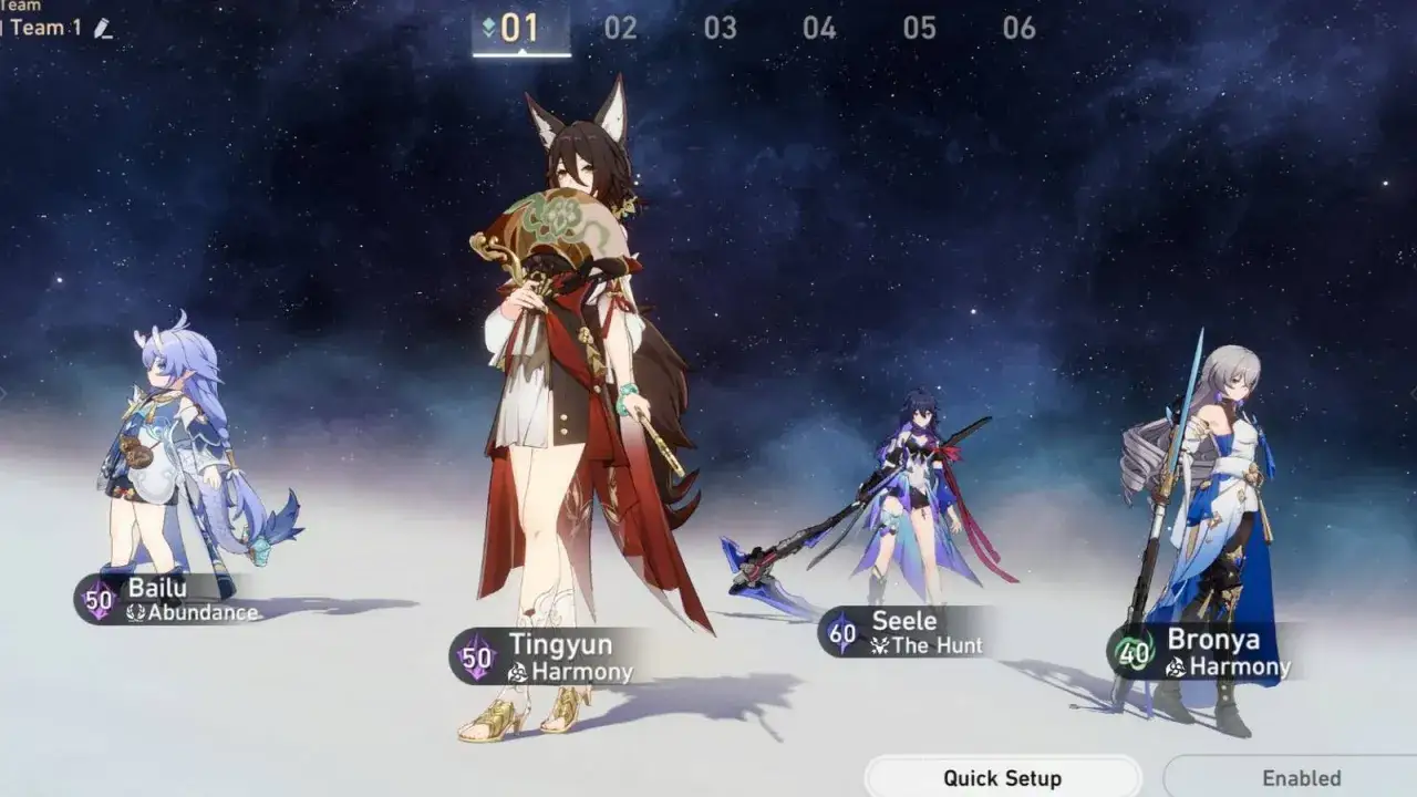 Equipo de honkai star rail personajes: Bailu, Tingyun, Seele y Bronya, listos para la batalla bajo un cielo estrellado.