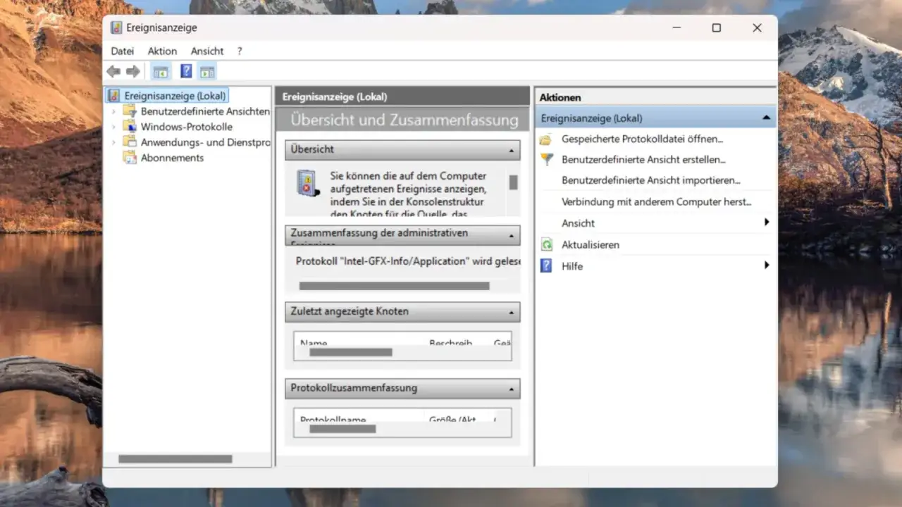 Windows Ereignisanzeige zeigt eine &Uuml;bersicht der Systemprotokolle. Hier werden Informationen &uuml;ber aufgetretene Ereignisse gesammelt.