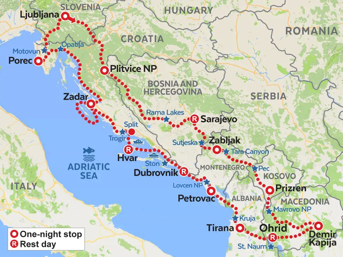 Mapa pokazuje najlepszą trasę z Polski do Albanii, przez Słowenię, Chorwację, Bośnię i Hercegowinę, Czarnog&oacute;rę i Macedonię.