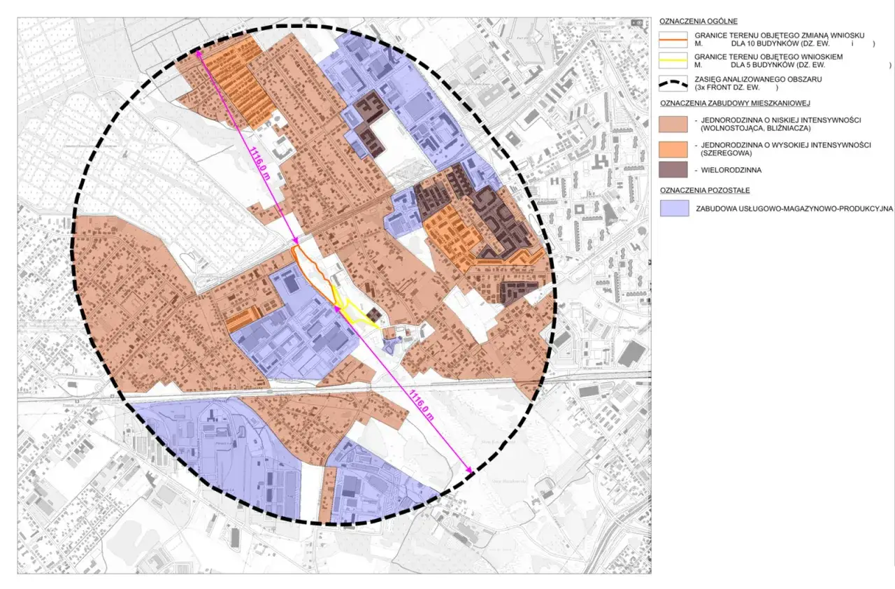 Mapa przedstawia przykładowe warunki zabudowy z podziałem na tereny mieszkalne (niska, wysoka intensywność, wielorodzinna) i usługowo-magazynowo-produkcyjne.