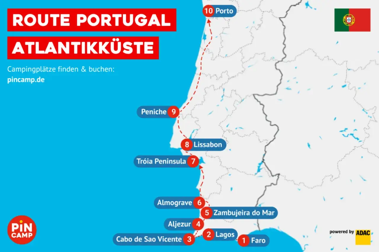 Route entlang der portugiesischen Atlantikk&uuml;ste mit Tipps f&uuml;r Ihren Urlaub. Von Faro bis Porto, entdecken Sie die sch&ouml;nsten Orte.
