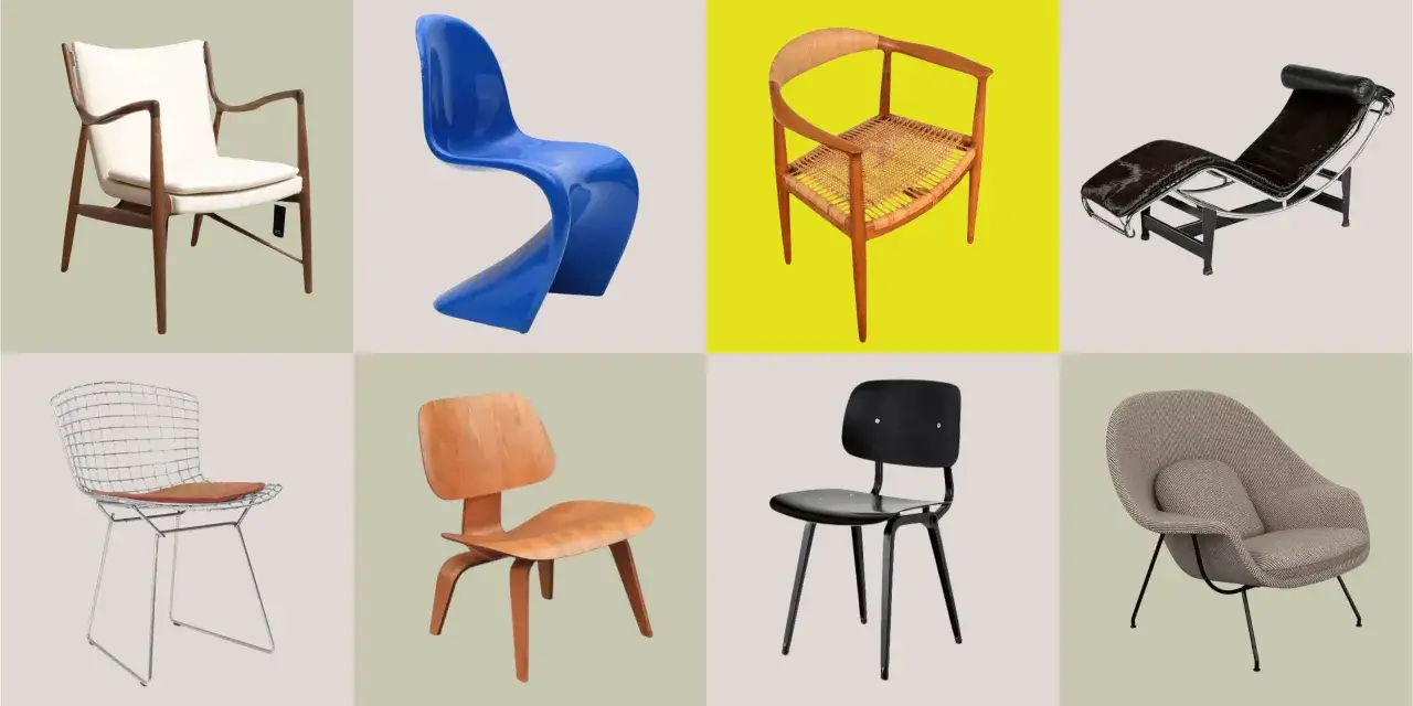 A collage of iconic chairs, including a white upholstered armchair reminiscent of Hans J. Wegner's style, a blue plastic chair, a woven wood chair, and a black chaise lounge.