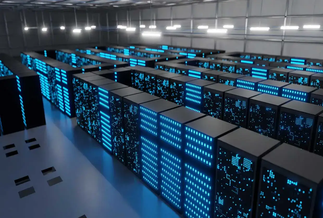 Reihen von Server-Racks mit blauen LEDs, die für digitale Nachhaltigkeit stehen.