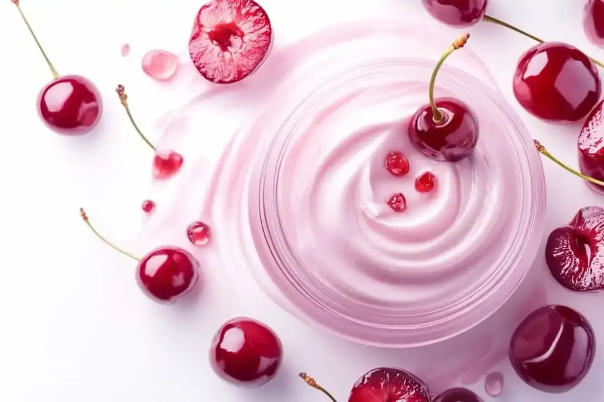 Crème onctueuse rose parsemée de cerises, évoquant le bienfait peau de ce fruit pour un soin éclatant.