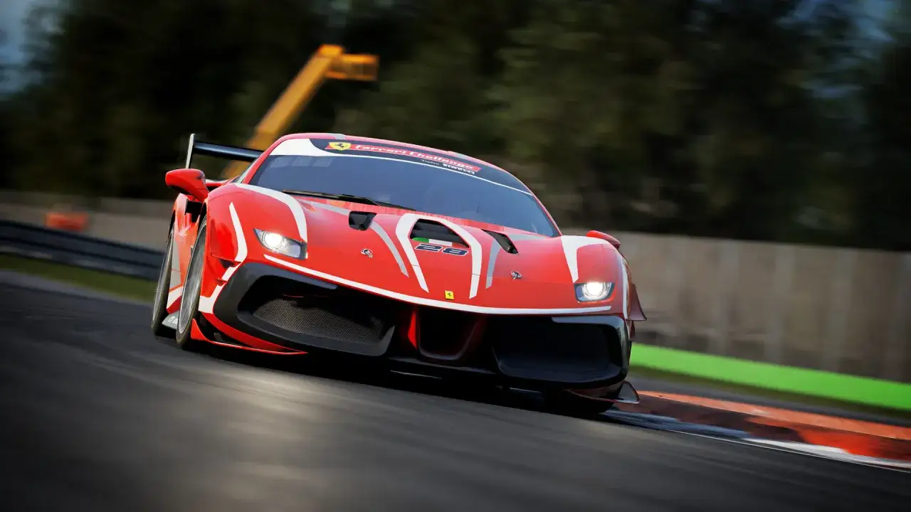 Czerwone Ferrari śmiga po torze w Assetto Corsa Competizione na Xbox.