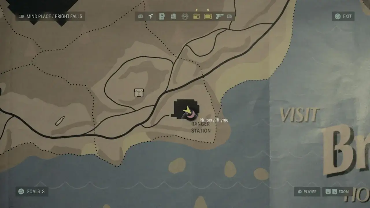Mapa z gry Alan Wake 2. Zaznaczona stacja Strażników Leśnych, gdzie czekają rymowanki.