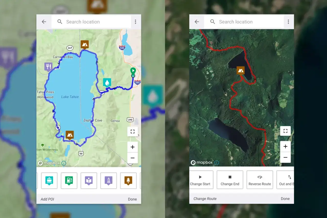 Planowanie trasy rowerowej wok&oacute;ł jeziora Tahoe i przez g&oacute;rzysty teren. Widok mapy z zaznaczoną trasą i ikonami POI.
