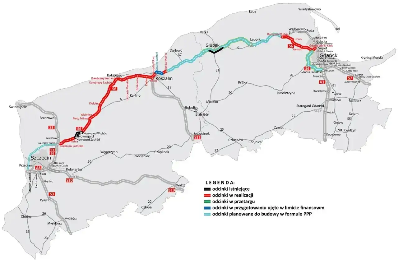 Mapa drogowa Polski z zaznaczonymi trasami S6, S3, A6, S10, S11, A1, S7. Jak dojechać do Szczecina? Zobacz przebieg dróg ekspresowych i autostrad.