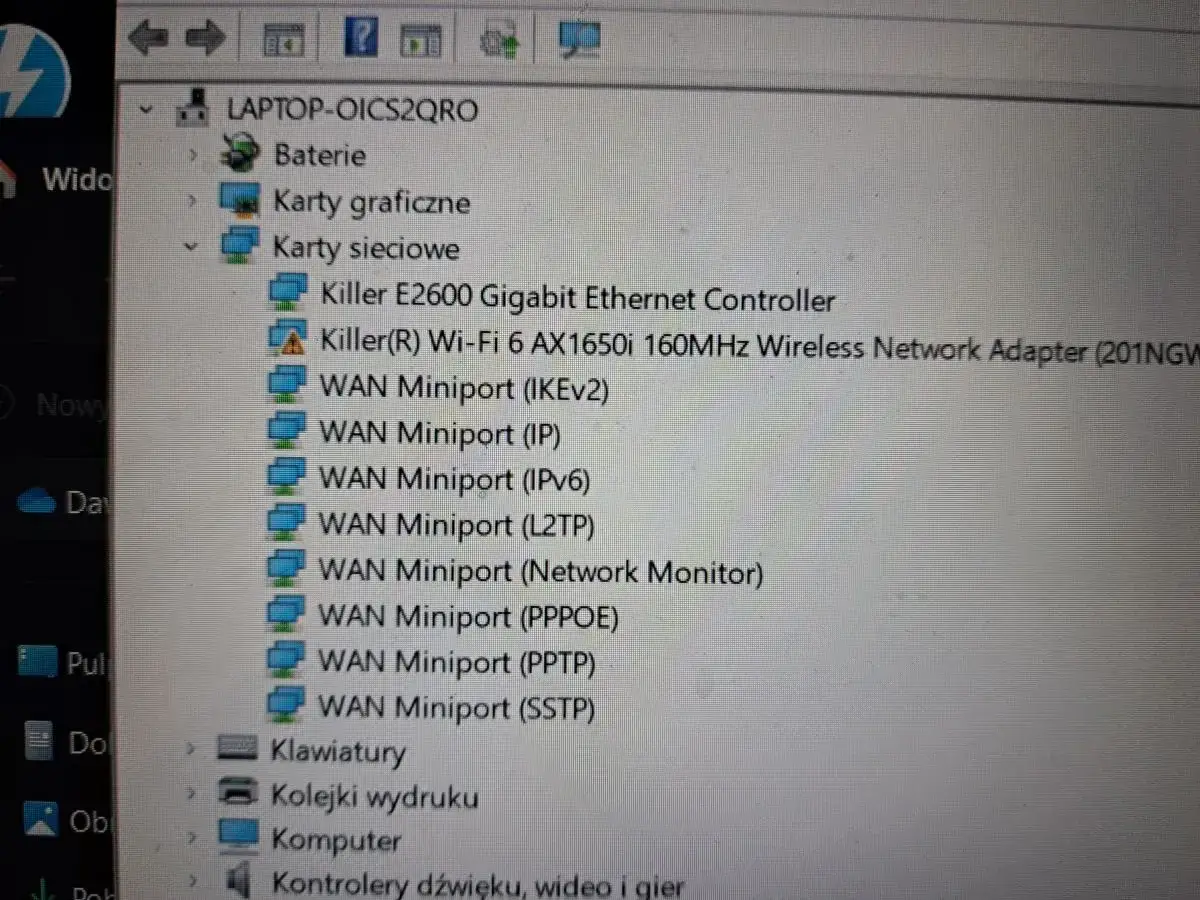Widok menedżera urządzeń: brak karty sieciowej, ale są kontrolery Killer Ethernet i Wi-Fi.