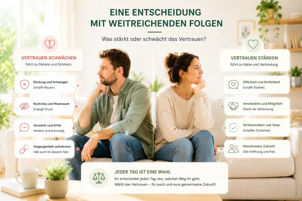 Ein Paar sitzt nachdenklich getrennt. Links werden Vertrauen schw&auml;chende Faktoren wie R&uuml;ckzug und Kritik genannt, rechts st&auml;rkende wie Offenheit und Verl&auml;sslichkeit. Man kann sich auf jemanden verlassen.