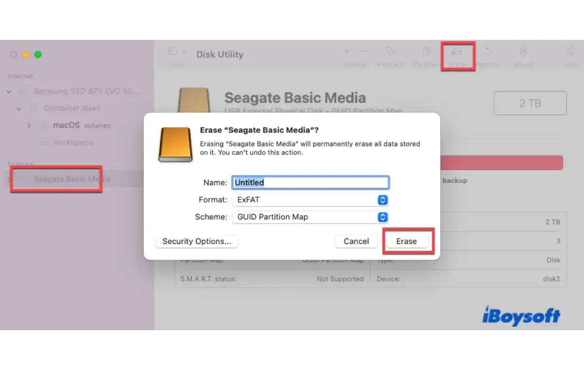 Festplatte formatieren Mac und Windows: Disk Utility zeigt Fenster zum L&ouml;schen einer externen Festplatte an.