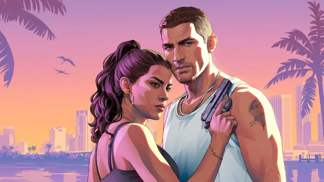 Pareja con arma en un atardecer tropical, anticipando las **gta 6 noticias**.