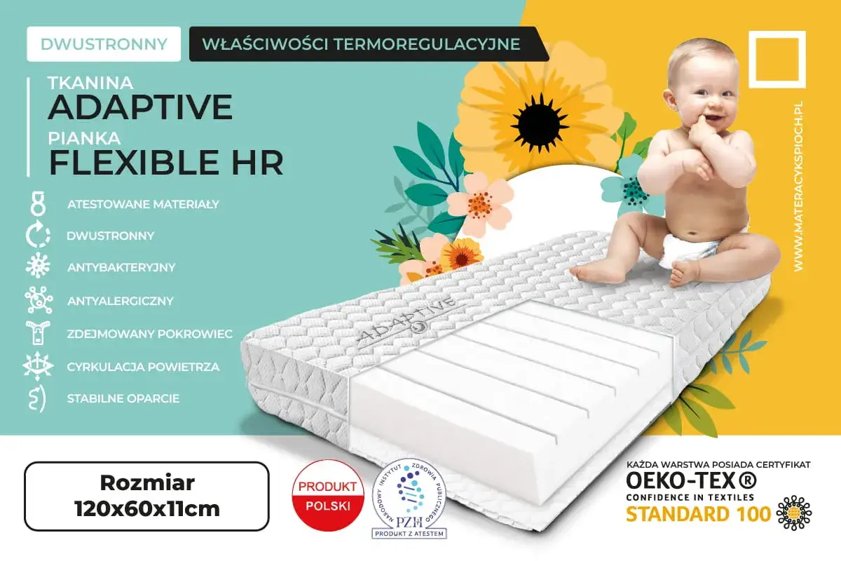 Materac do ł&oacute;żeczka 120x60 jaki wybrać? Ten model z pianką Flexible HR i tkaniną Adaptive zapewni komfort i bezpieczeństwo.