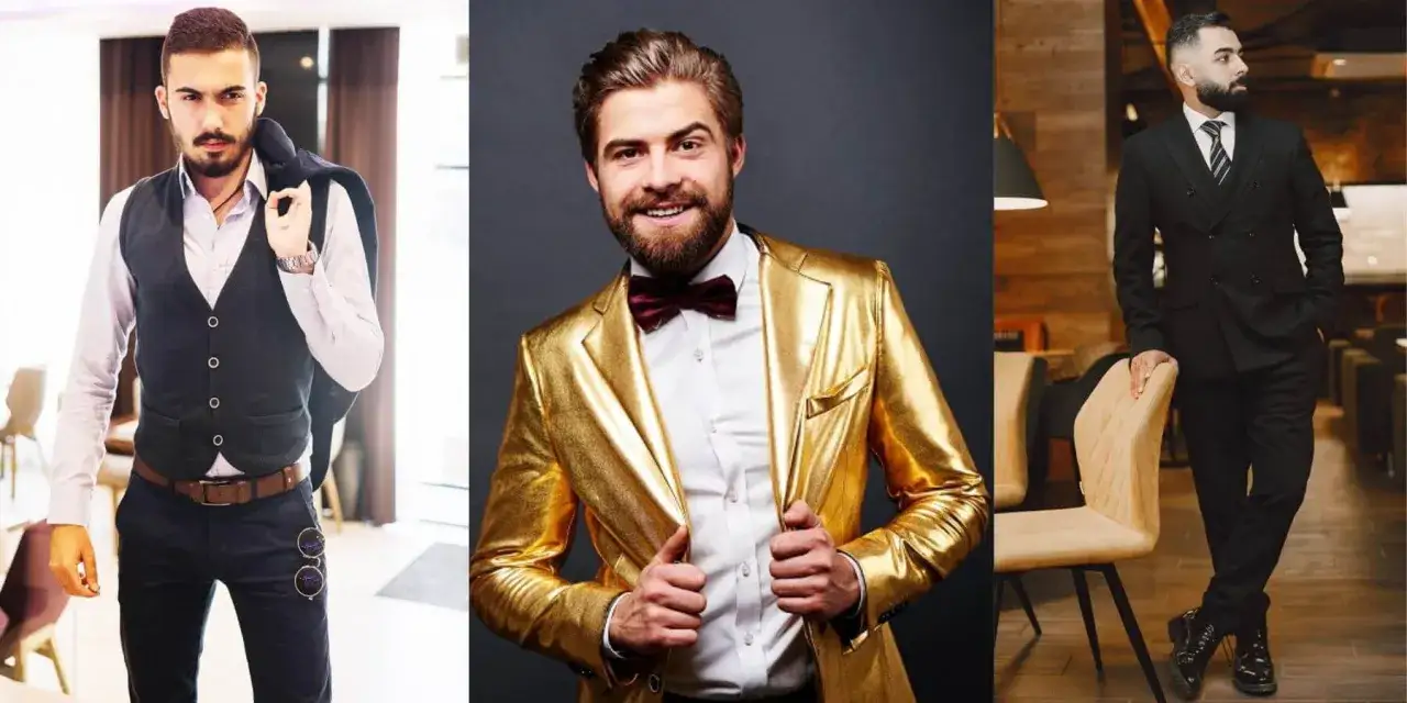 Three men showcase colorful cocktail attire. One wears a vest and jacket over his shoulder, another a dazzling gold blazer, and the third a sharp black suit.