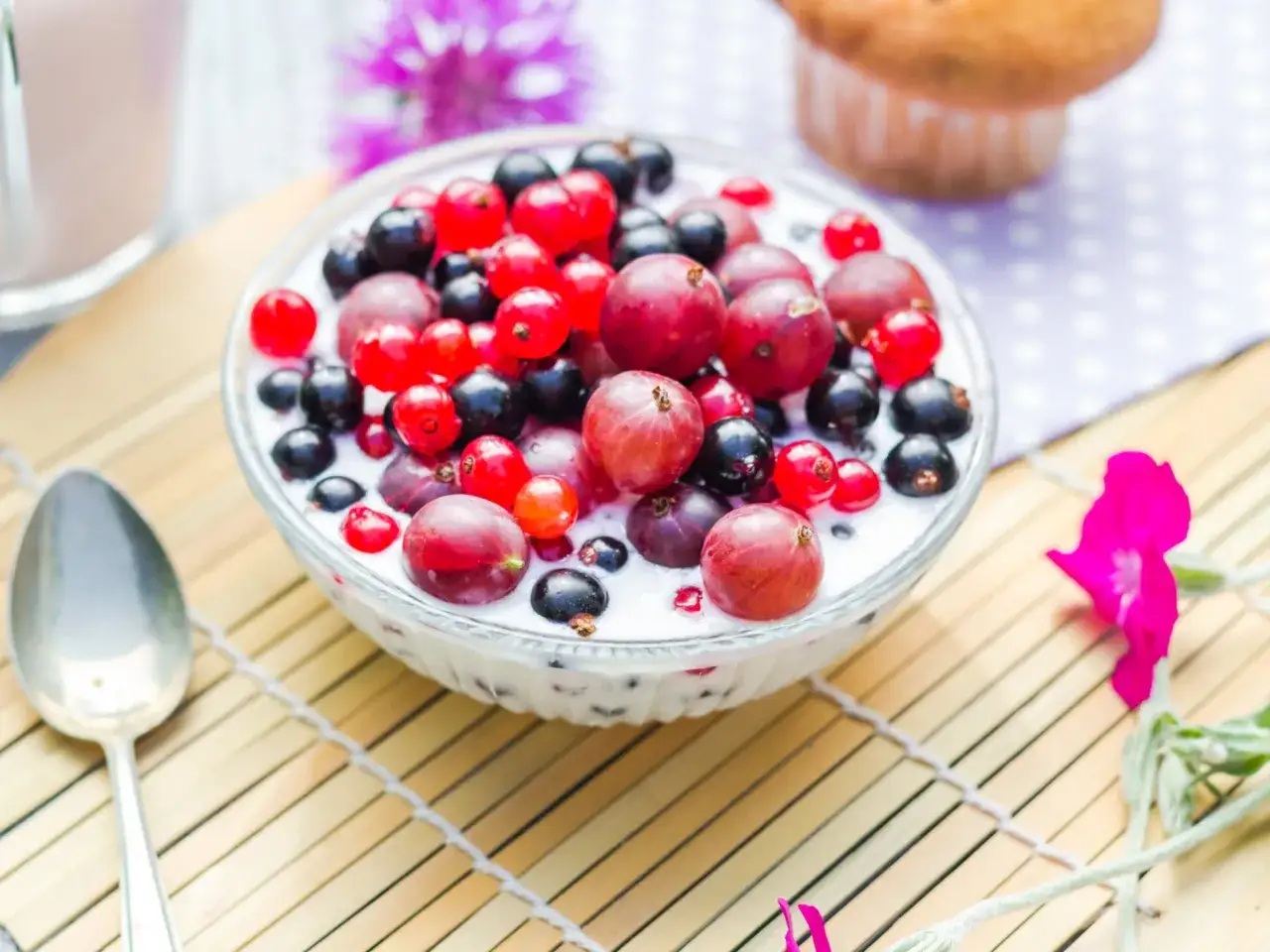 Schüssel mit Beeren und Joghurt, ein einfaches und erfrischendes Kaltschale Rezept für heiße Tage.