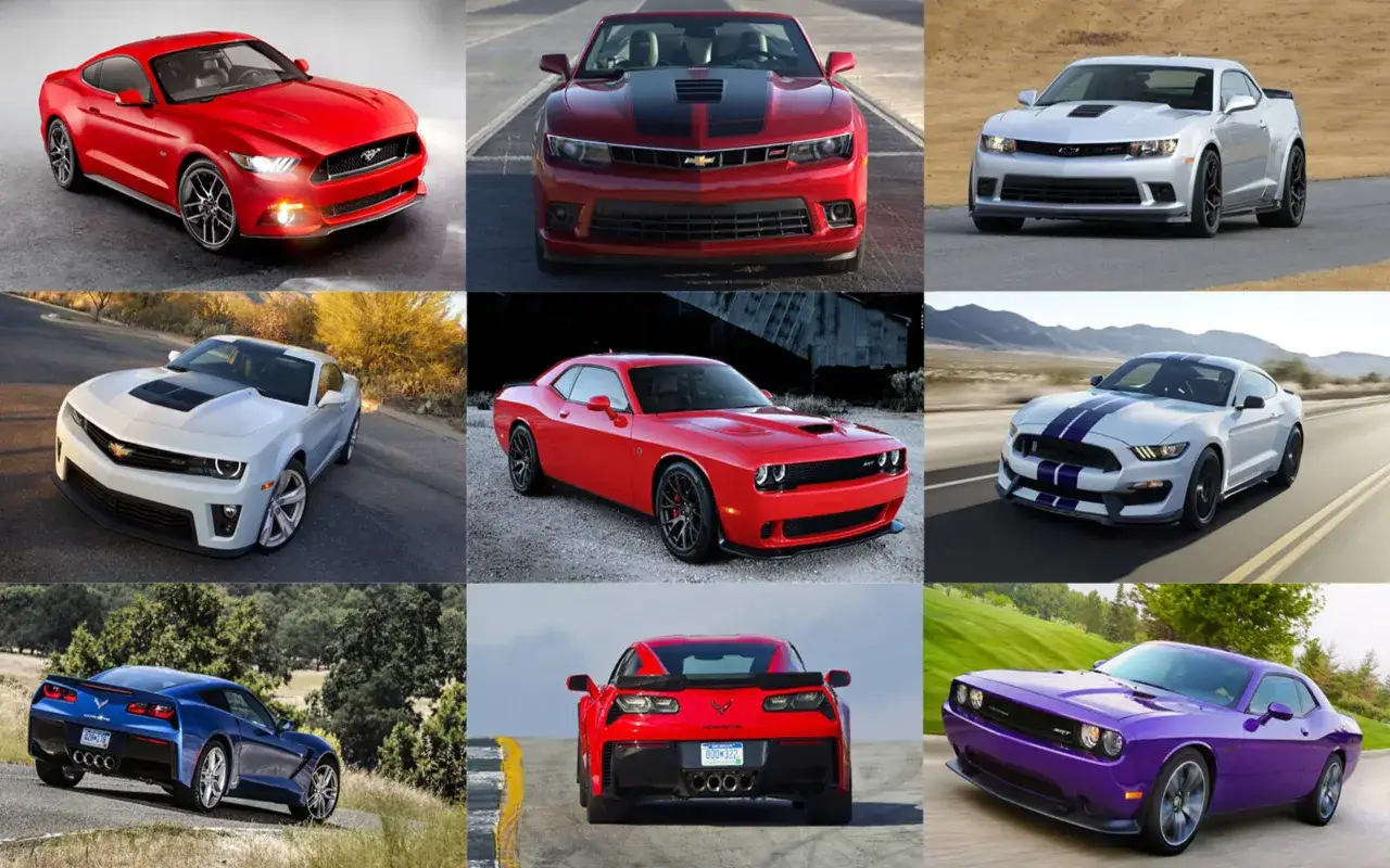 Colecci&oacute;n de muscle cars americanos: Ford Mustang rojo, Chevrolet Camaro rojo y plateado, Dodge Challenger rojo y morado, y un Corvette azul.