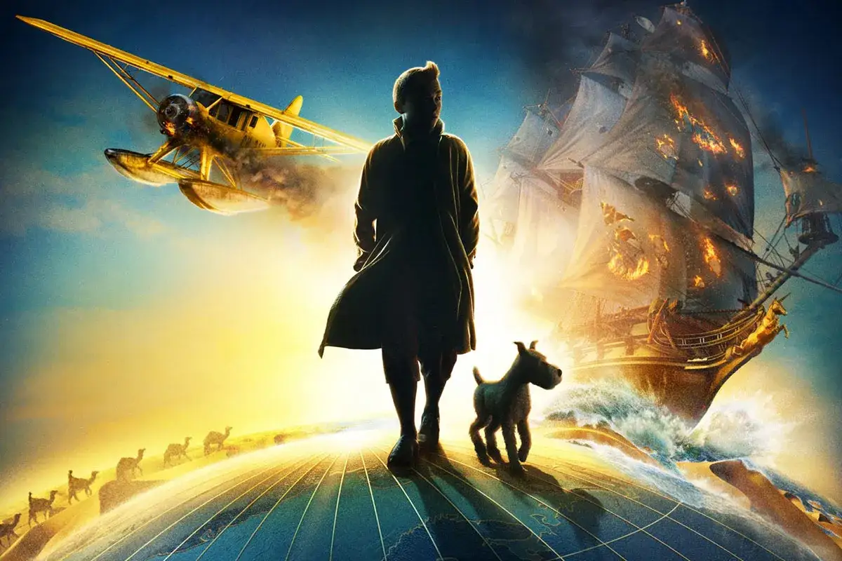 Tintin 2: Tintin och Milou går över en jordglob med en gul flygbåt ovanför och ett brinnande skepp i bakgrunden. Kameler syns i öknen.