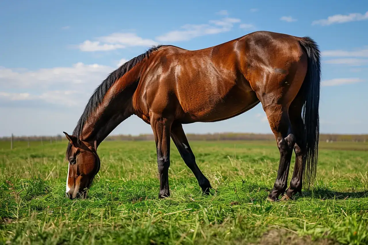 Un cheval brun, le museau dans l'herbe, semble grignoter un peu de terre. Le ciel bleu et les nuages blancs offrent un beau contraste.