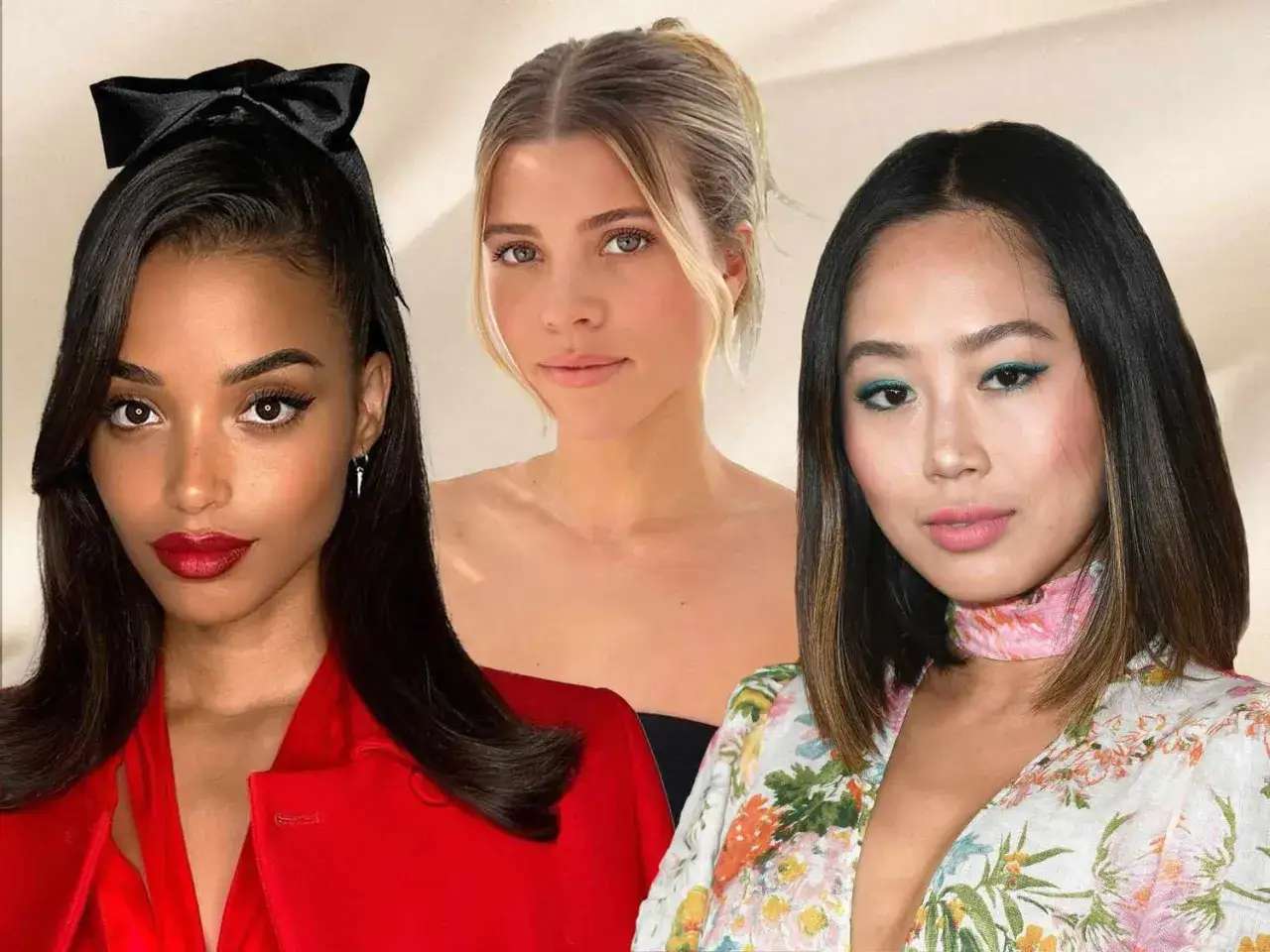 Tres mujeres con peinados media melena modernos. Una lleva un lazo negro, otra un moño alto y la tercera el pelo suelto.