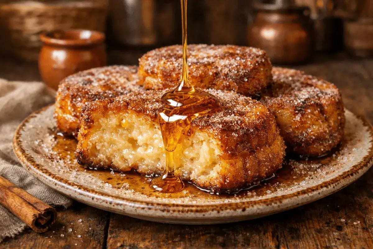 Deliciosas torrijas al horno, doradas y espolvoreadas con azúcar y canela, bañadas en miel dorada.