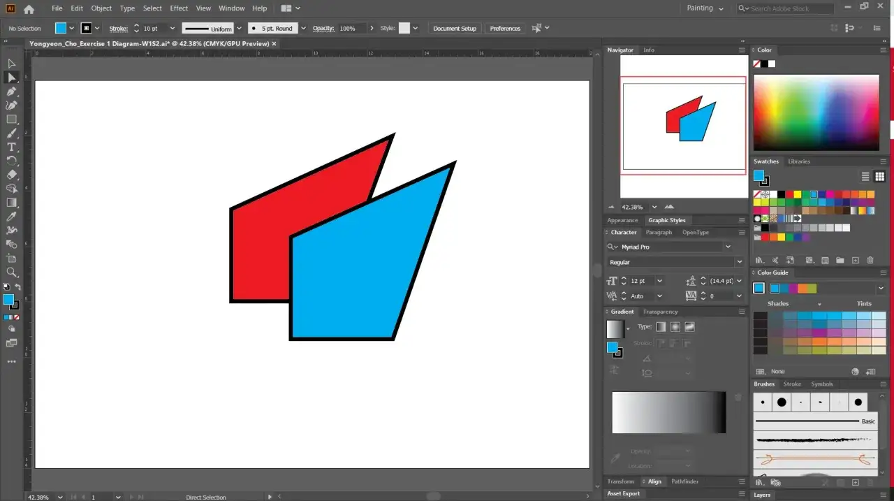 Ilustrator tworzy geometryczne kształty: czerwony i niebieski, nakładające się na siebie.