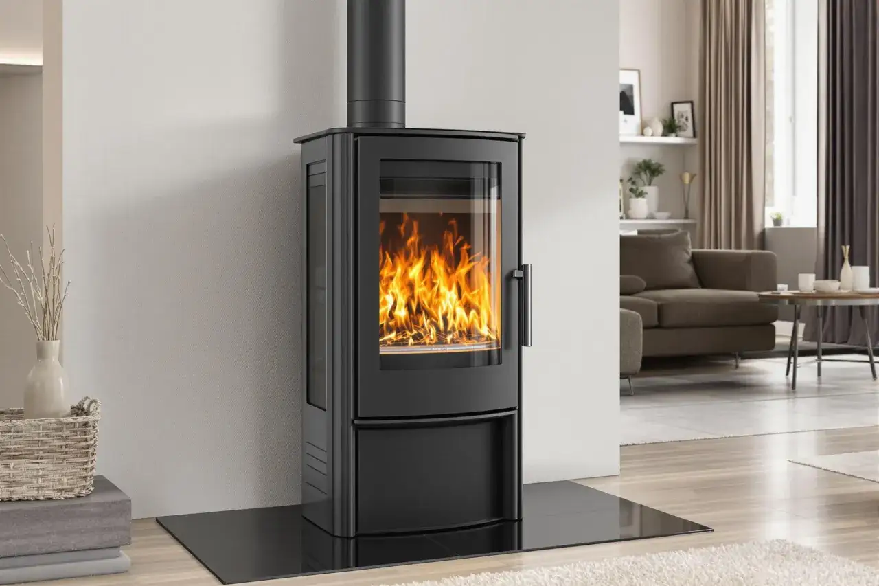 Un poêle à bois étanche moderne avec une grande vitre, des flammes vives dans un salon cosy.