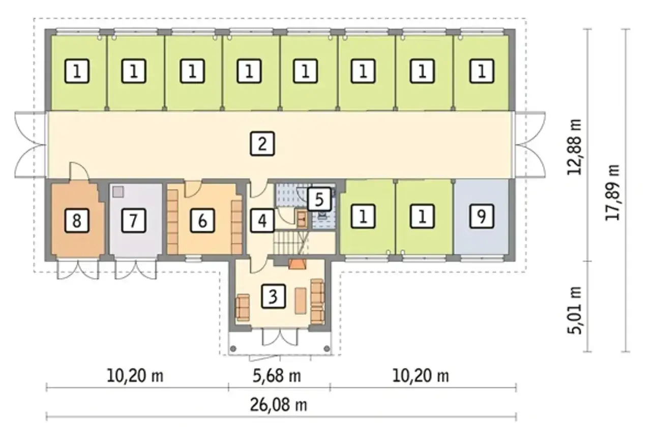 Rzut parteru stajni przydomowej z dziewięcioma boksami (1), korytarzem (2), pokojem socjalnym (3), łazienką (4), pomieszczeniem technicznym (5), pokojami (6, 7, 8, 9).