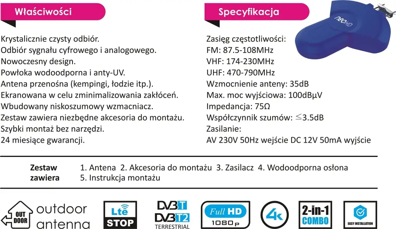 Parametry techniczne anteny DVB-T2